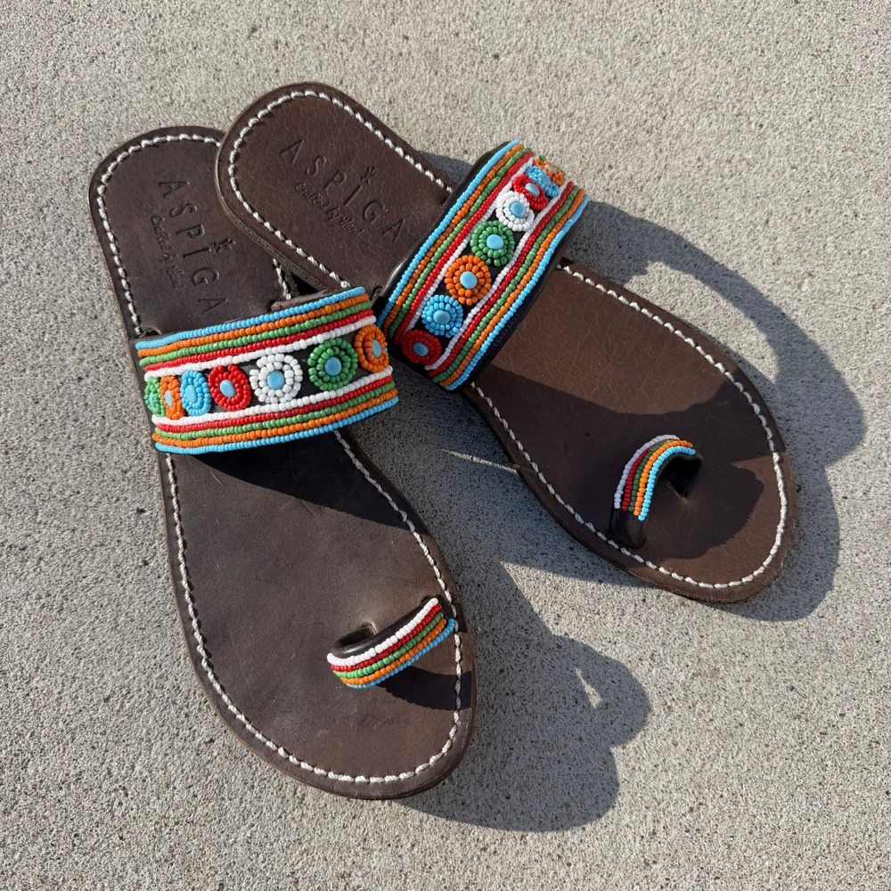 Aspiga Brown Leather Hand Crafted Beaded Toe Loop Sandals Boho Hippie Slides 39 - Picture 7 of 8